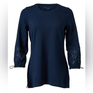 E.L.I. Navy Eyelet Prima Cotton Top XL 3/4 Sleeve